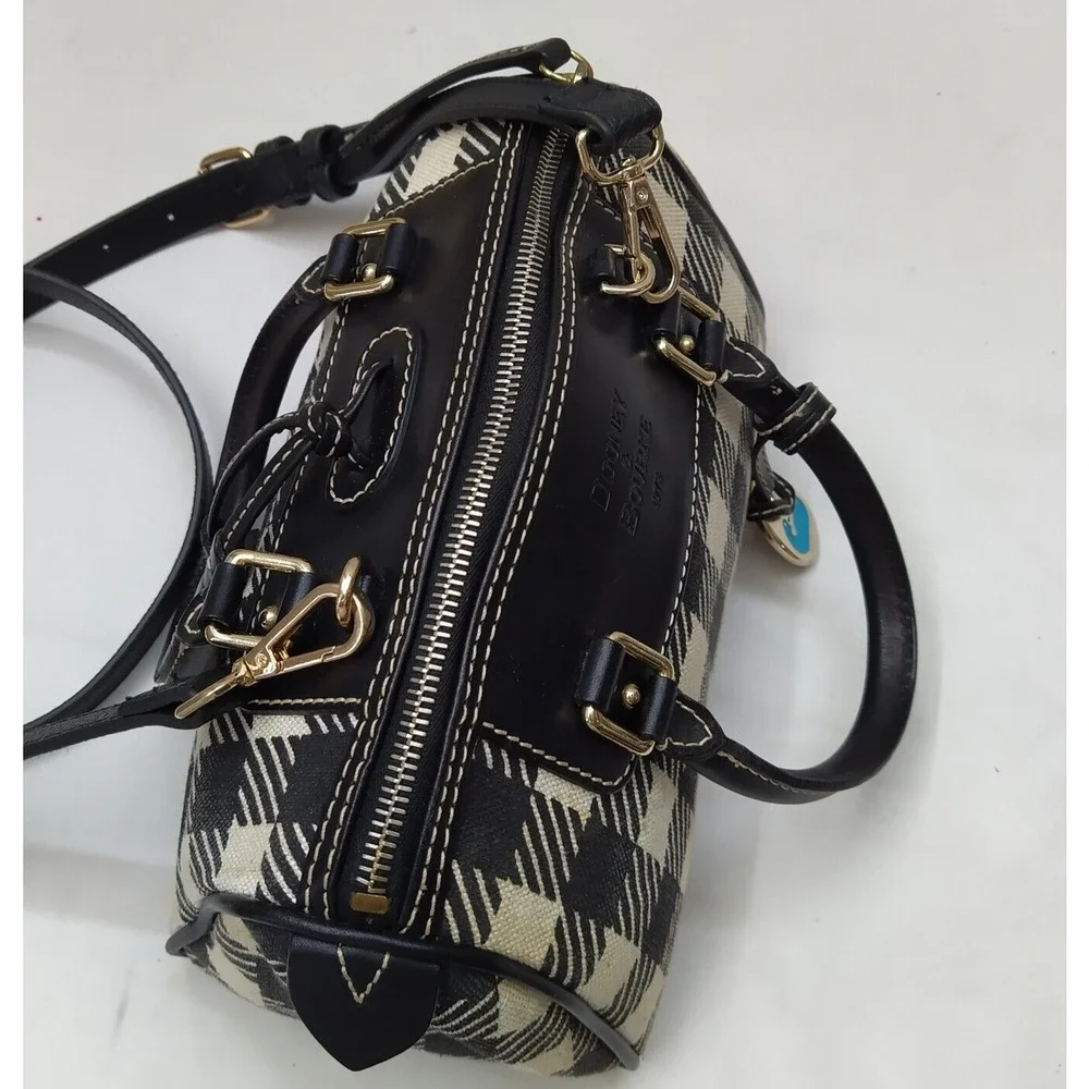 Dooney & Bourke Black White Checker Canvas Leather Trim Top Handle Satchel Bag